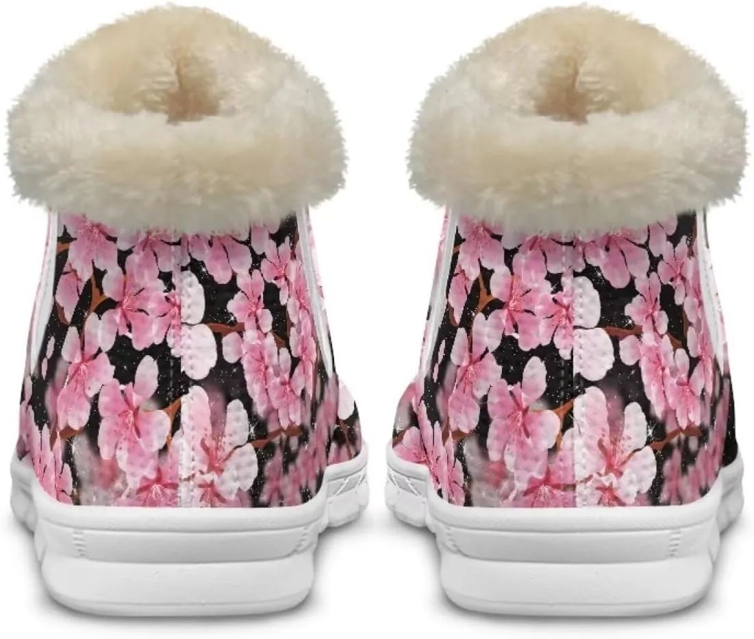 chaqlin Cherry Blossom Snow Boots Winter Ankle Boots for Women Flat Heels Resistant Slip Lightweight Flannel Plush Boots Casual Outdoor Backpacking