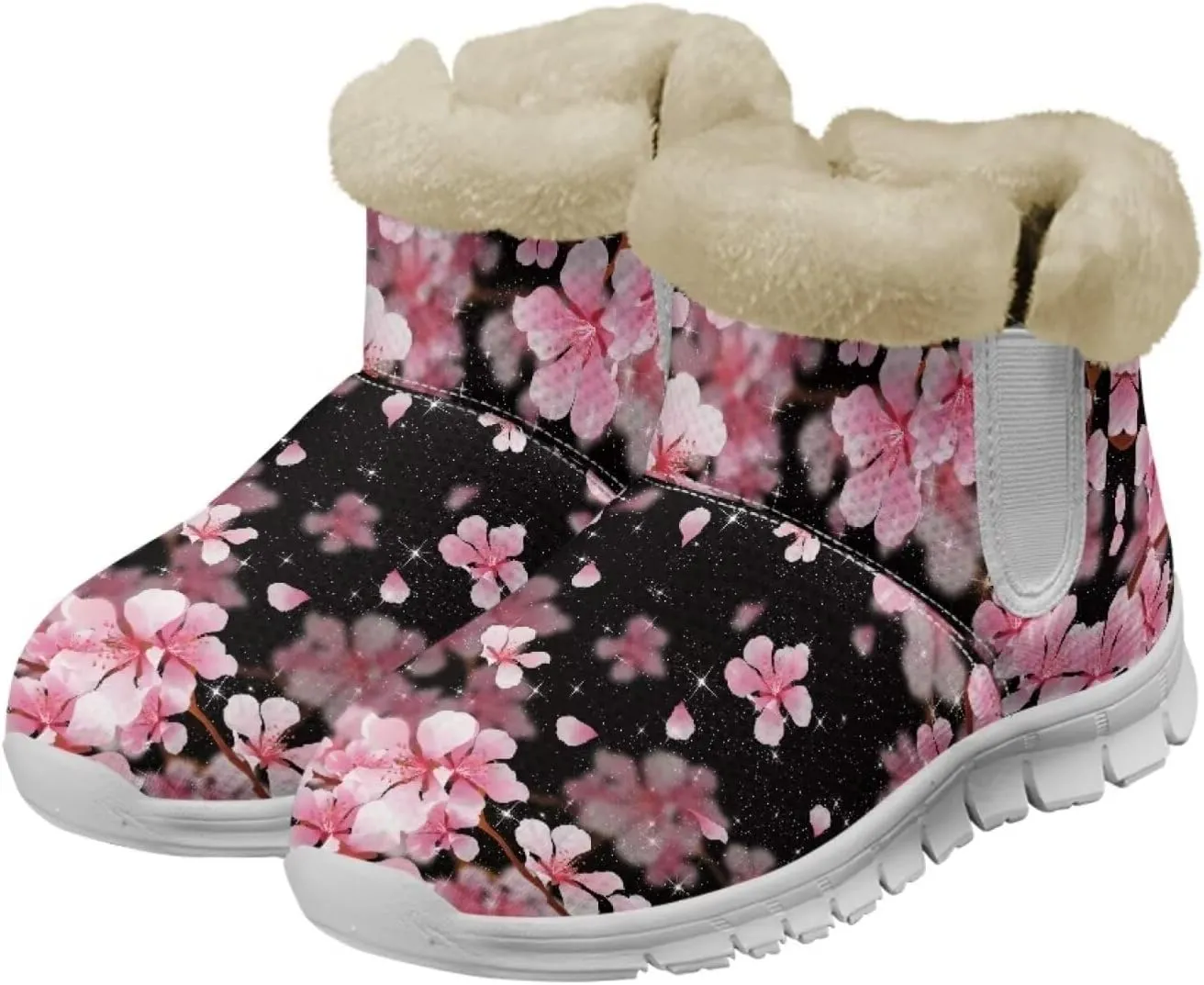 chaqlin Cherry Blossom Snow Boots Winter Ankle Boots for Women Flat Heels Resistant Slip Lightweight Flannel Plush Boots Casual Outdoor Backpacking