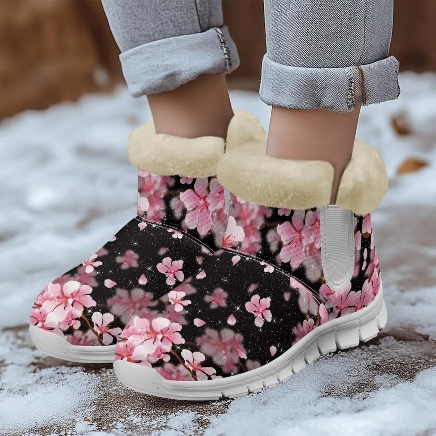 chaqlin Cherry Blossom Snow Boots Winter Ankle Boots for Women Flat Heels Resistant Slip Lightweight Flannel Plush Boots Casual Outdoor Backpacking