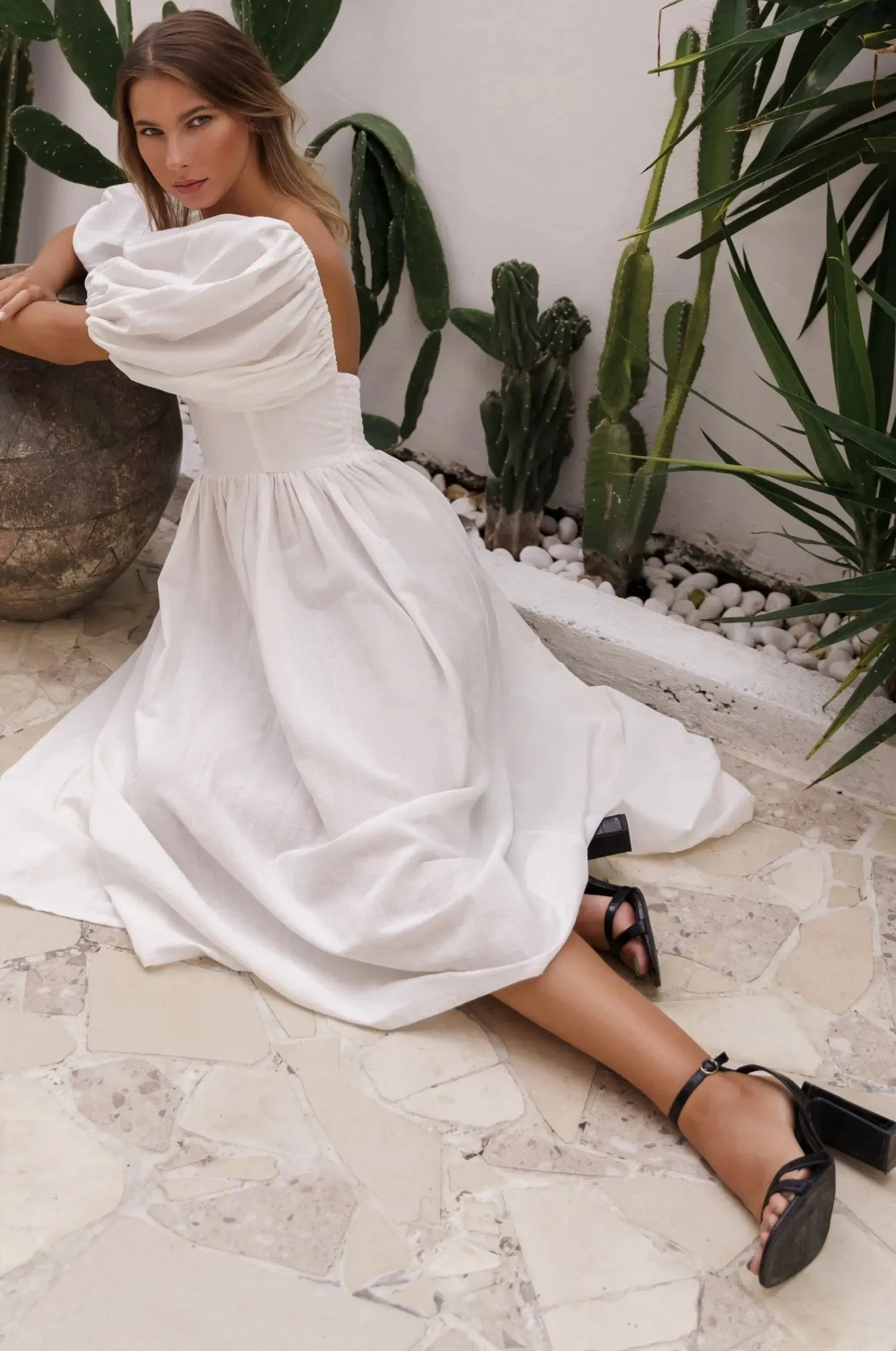 Cherie Puff Sleeve Midi Dress by Bali ELF