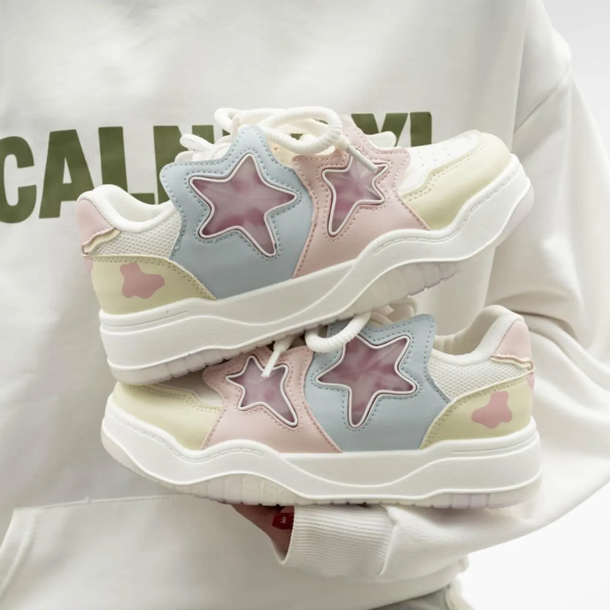 Chunky Platform Sneakers for Women Low-top Star Skate Walking Shoes Patchwork Cow Print Casual Students Back to School
