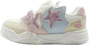 Chunky Platform Sneakers for Women Low-top Star Skate Walking Shoes Patchwork Cow Print Casual Students Back to School