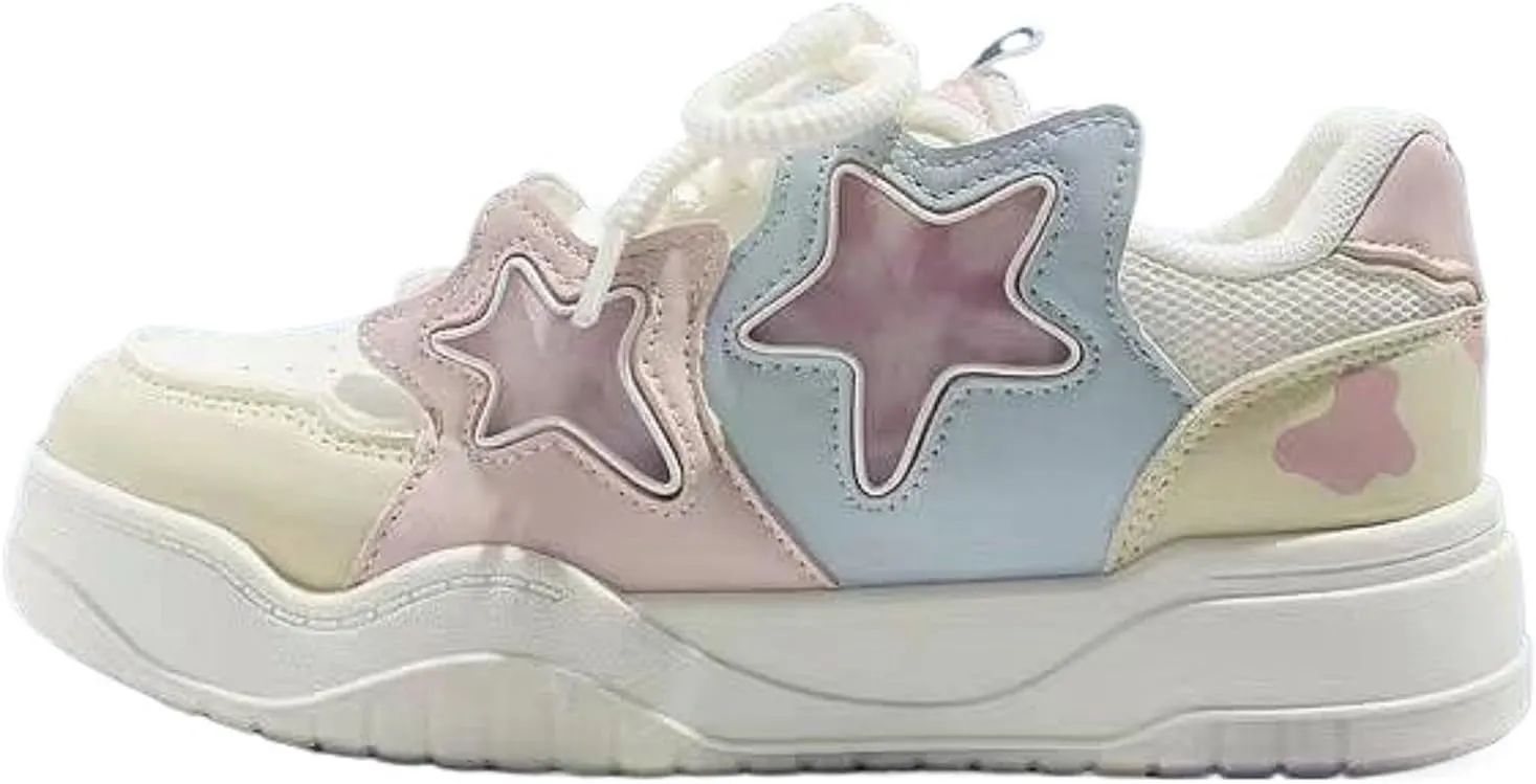 Chunky Platform Sneakers for Women Low-top Star Skate Walking Shoes Patchwork Cow Print Casual Students Back to School