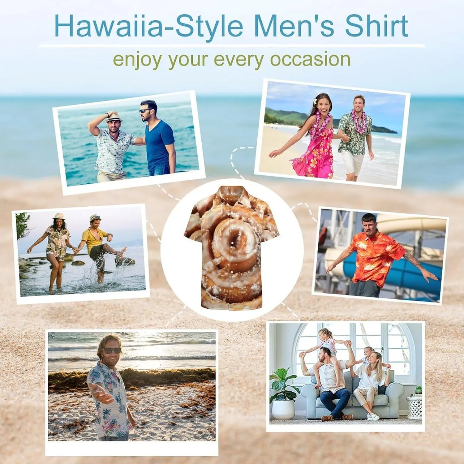 Cinnamon Roll Men's Short Sleeve Shirt Button Down Tee Casual V Neck Beach Tops