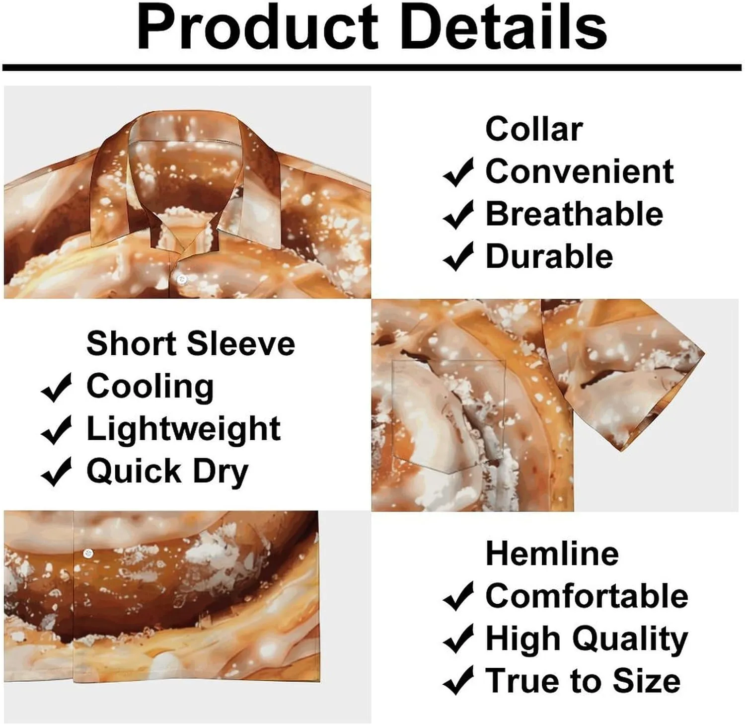 Cinnamon Roll Men's Short Sleeve Shirt Button Down Tee Casual V Neck Beach Tops