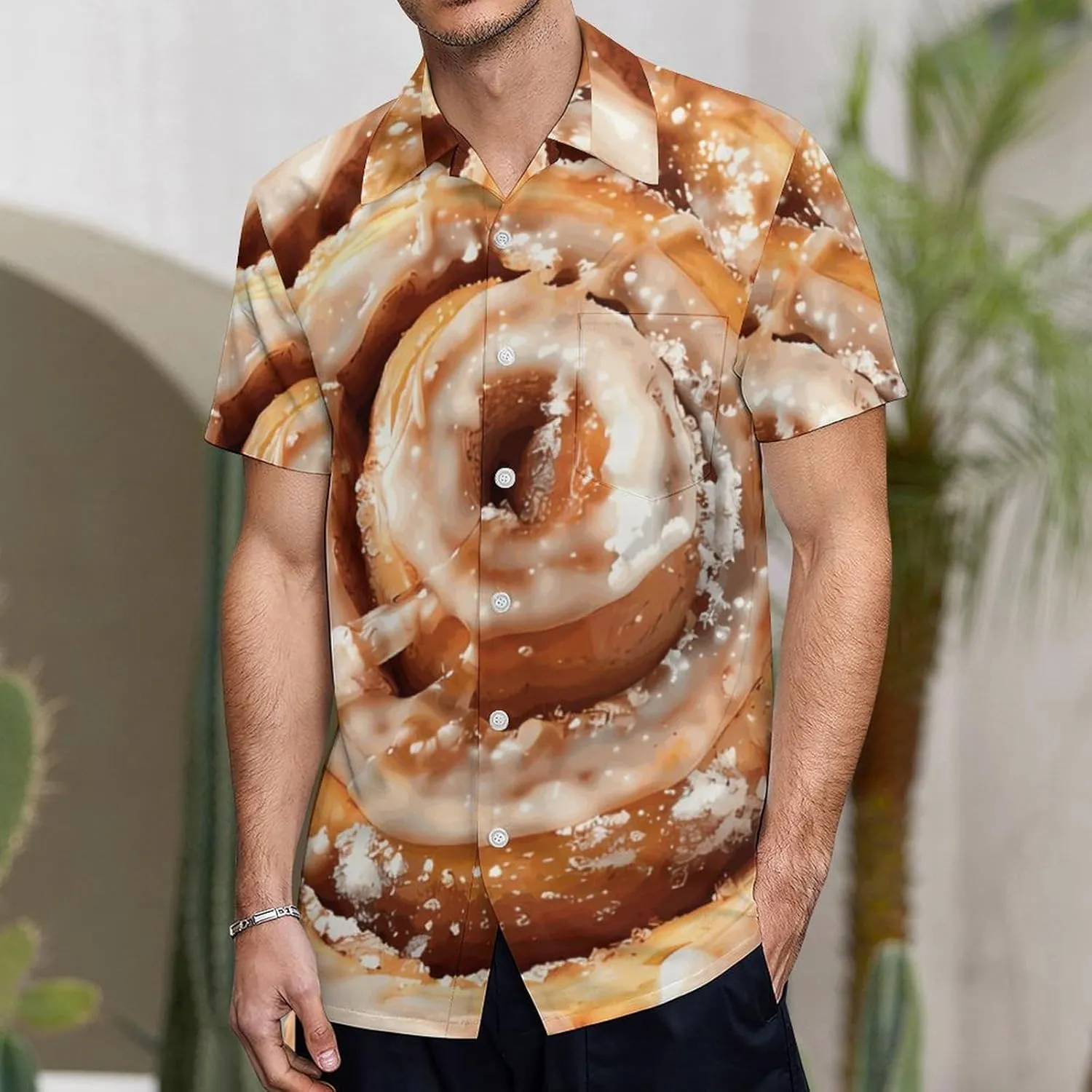 Cinnamon Roll Men's Short Sleeve Shirt Button Down Tee Casual V Neck Beach Tops