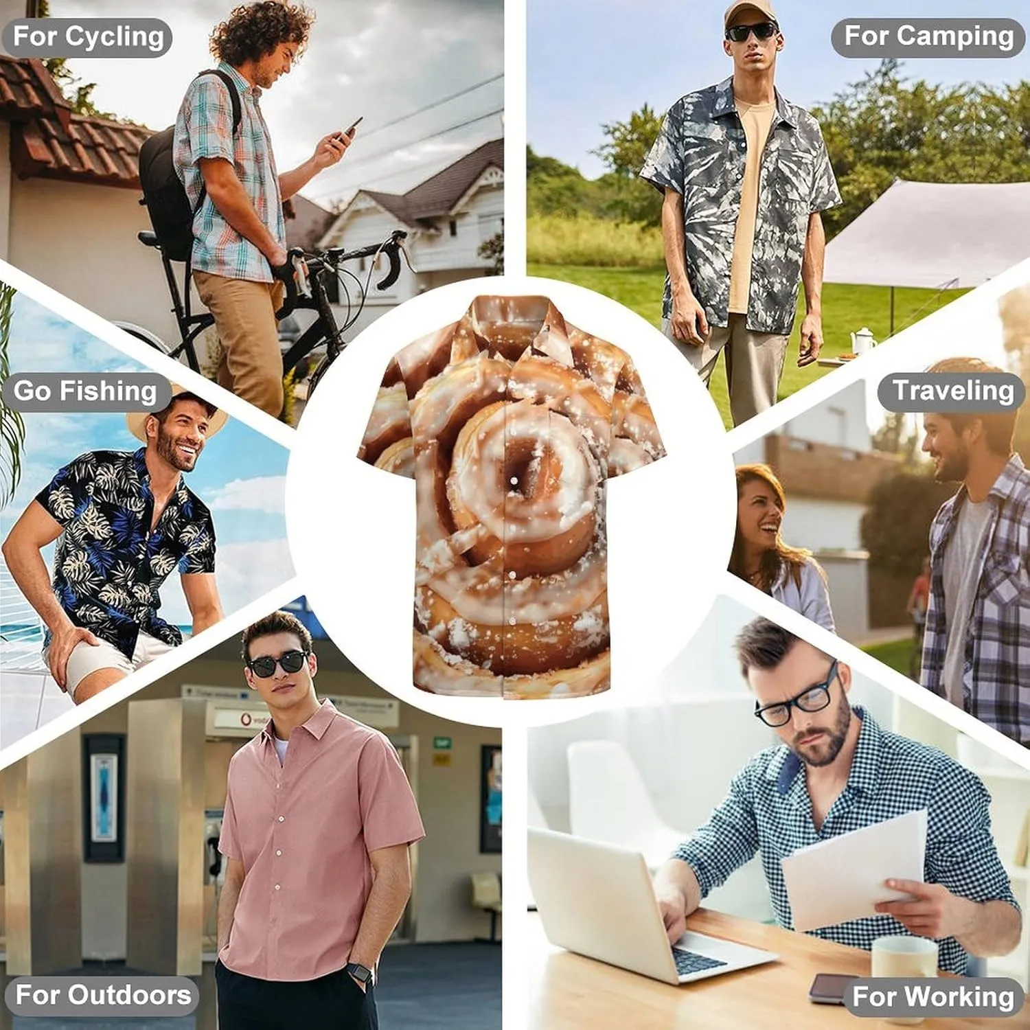Cinnamon Roll Men's Short Sleeve Shirt Button Down Tee Casual V Neck Beach Tops
