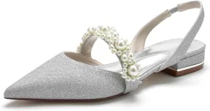 Closed Toe Glitter Satin Pearl Wedding Flats Comfortable Wedding Shoes for Bride Mary Jane Bridal Flats Slip On Evening Prom Party Dress Shoes Pumps for Women