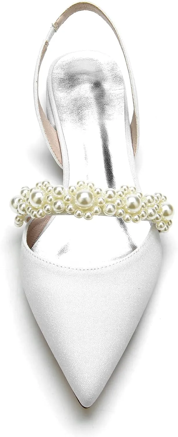 Closed Toe Glitter Satin Pearl Wedding Flats Comfortable Wedding Shoes for Bride Mary Jane Bridal Flats Slip On Evening Prom Party Dress Shoes Pumps for Women