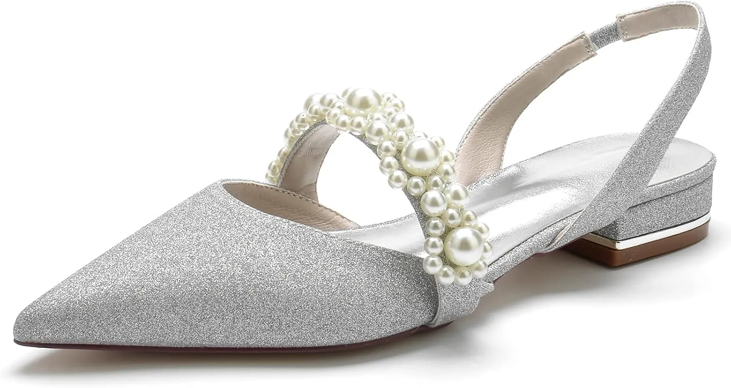 Closed Toe Glitter Satin Pearl Wedding Flats Comfortable Wedding Shoes for Bride Mary Jane Bridal Flats Slip On Evening Prom Party Dress Shoes Pumps for Women