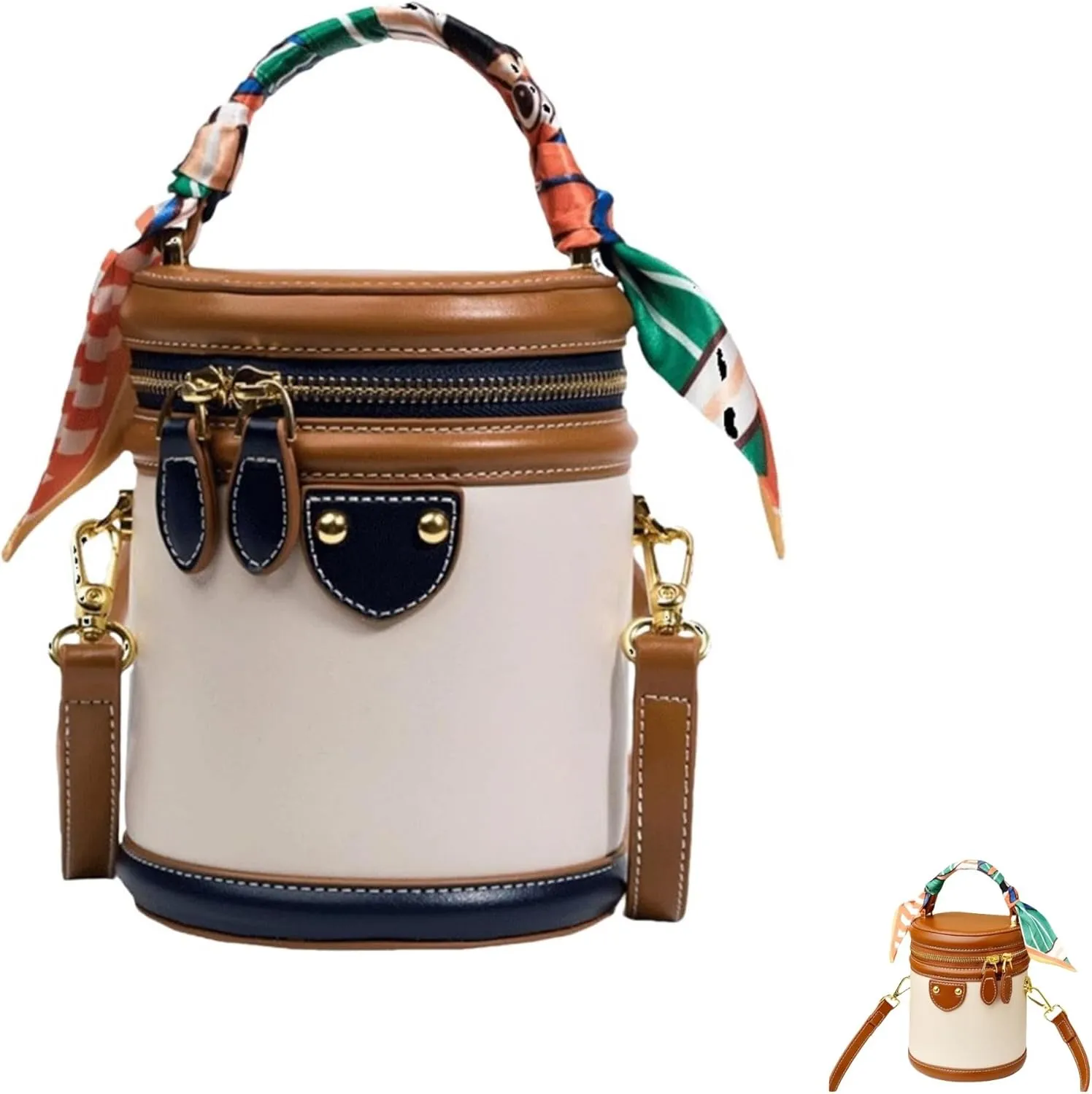 Colorblock Bucket Bag For Women, 2025 New Summer Niche Design Cylinder Bag,Ribbon Handle, Fashionable Crossbody Bag