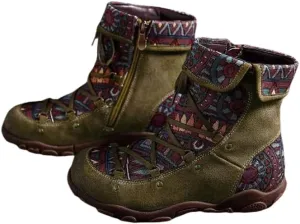 Colorblock Retro Casual Non-Slip Women's Shoes Side Zipper Hiking Boots Fashionable Off-Road Boots Ethnic Style