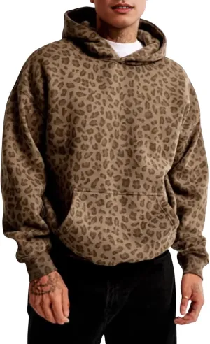 CORIRESHA Men Y2K Leopard Print Hoodie Long Sleeve Casual Vintage Pullover Sweatshirt With Pockets