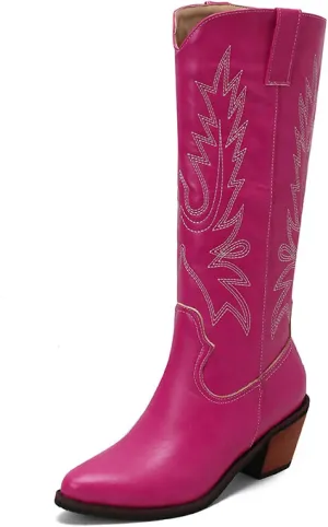 Cowboy Boots for Women, Wide Calf Knee High Cowgirl Boots with Side Zipper and Sparkly Glitter Embroidery, Mid Heel Retro Fashion Tall Cowgirl Boot Pull On for Ladies-Rose Red||36