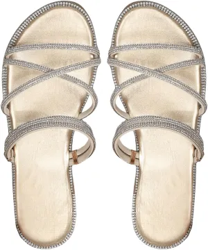 COZYEASE Women's Glitter Rhinestone Decor Flat Sandals Criss Cross Strappy Slides Open Toe Slippers