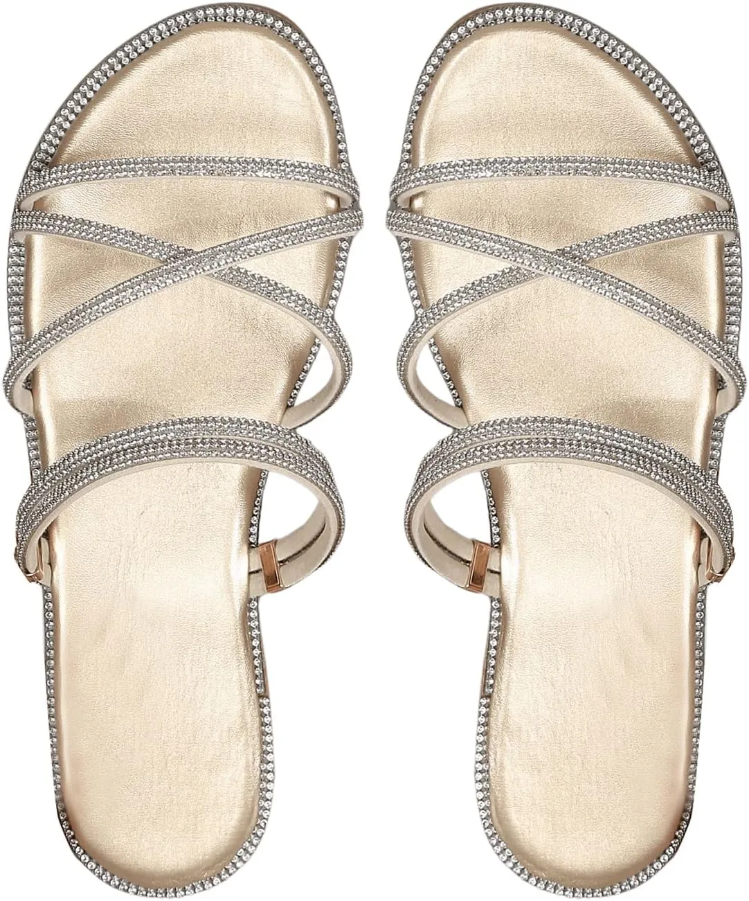 COZYEASE Women's Glitter Rhinestone Decor Flat Sandals Criss Cross Strappy Slides Open Toe Slippers