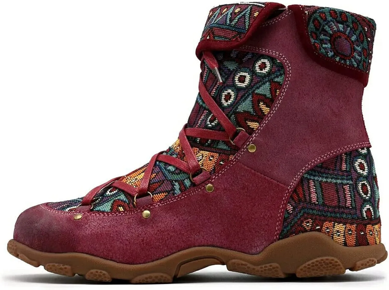 Ctreela Aztec Ethnic Boots for Women Outdoor Hiking Walking Vintage Western Hiker Booties Retro Lace up Field Combat Boot