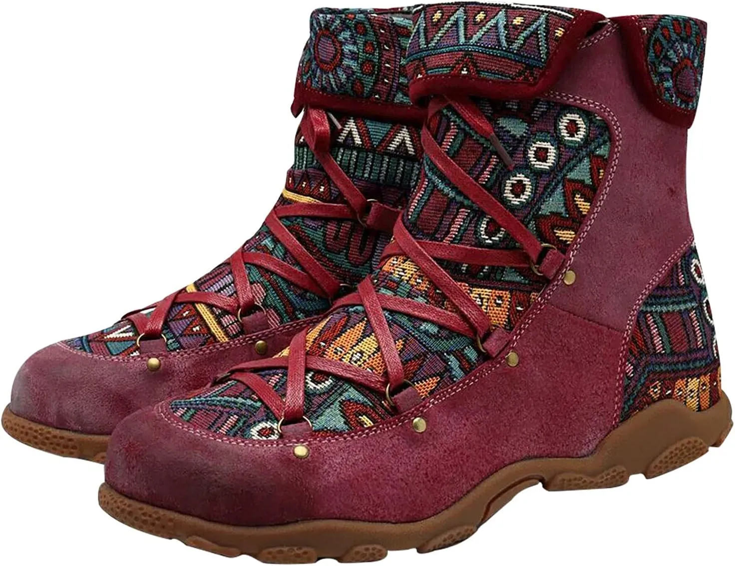 Ctreela Aztec Ethnic Boots for Women Outdoor Hiking Walking Vintage Western Hiker Booties Retro Lace up Field Combat Boot