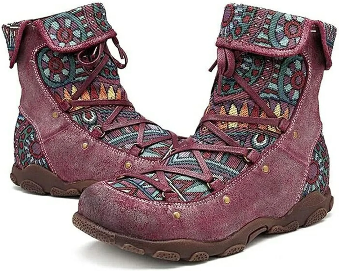 Ctreela Aztec Ethnic Boots for Women Outdoor Hiking Walking Vintage Western Hiker Booties Retro Lace up Field Combat Boot