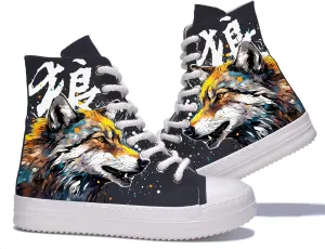 Custom Canvas Shoes for Women Lightweight High Top Boots Sneakers Punk Hip Hop Teens Girls Wolf Gothic Print Lace Up Casual Classic Street Walking Shoes