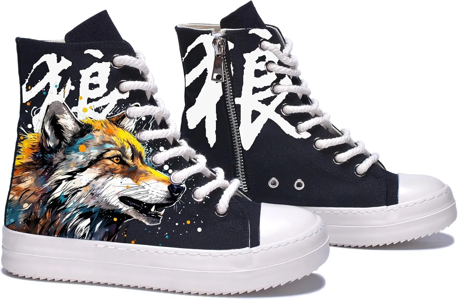 Custom Canvas Shoes for Women Lightweight High Top Boots Sneakers Punk Hip Hop Teens Girls Wolf Gothic Print Lace Up Casual Classic Street Walking Shoes