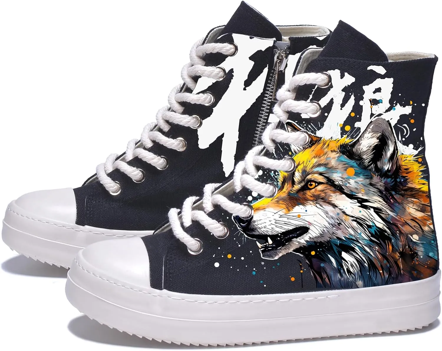 Custom Canvas Shoes for Women Lightweight High Top Boots Sneakers Punk Hip Hop Teens Girls Wolf Gothic Print Lace Up Casual Classic Street Walking Shoes