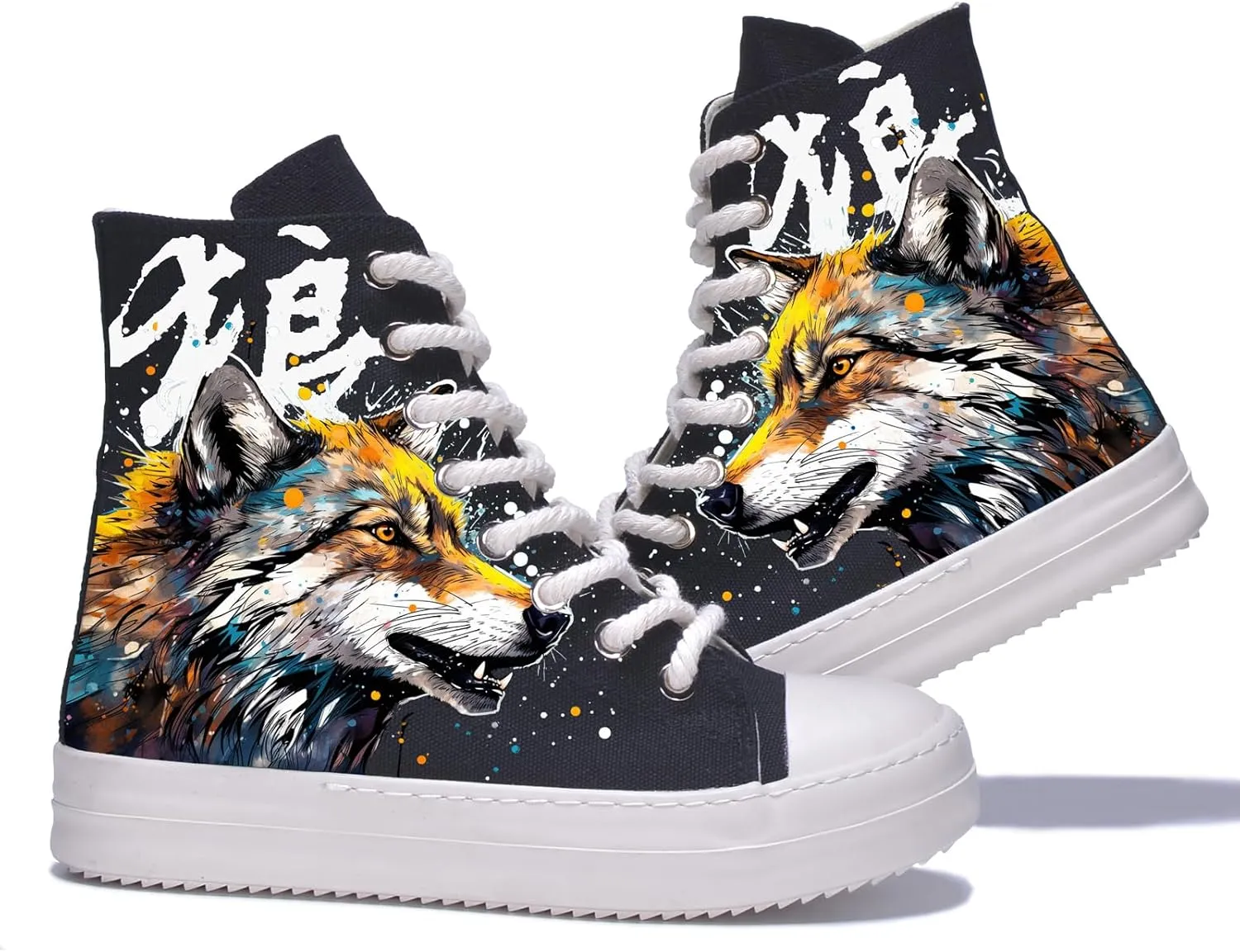 Custom Canvas Shoes for Women Lightweight High Top Boots Sneakers Punk Hip Hop Teens Girls Wolf Gothic Print Lace Up Casual Classic Street Walking Shoes