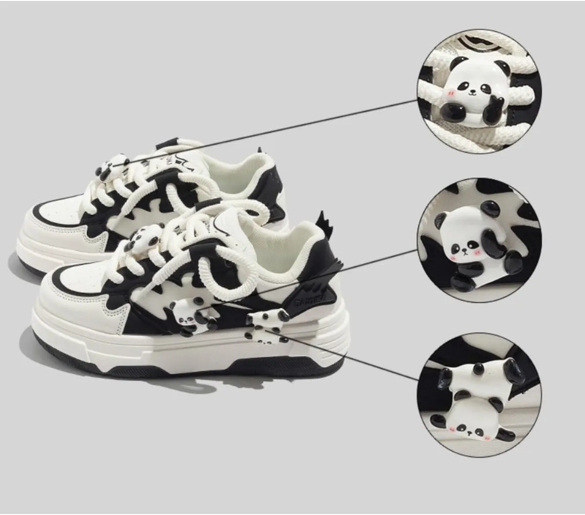 Cute Panda Sneakers for Women – Trendy Kawaii Platform Shoes – Chunky Fashion Sneakers with Adorable Panda Charms – Comfortable & Stylish Casual Streetwear