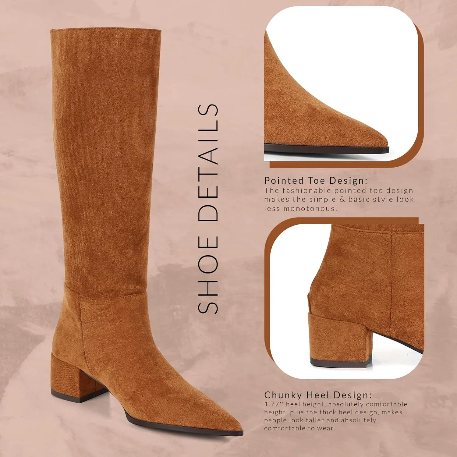 CYNLLIO Knee High Boots Women Pull on Suede Boots Pointed Toe Wide Calf Tall Boots Winter Warm Long Boots Comfy Walking Office Shoes