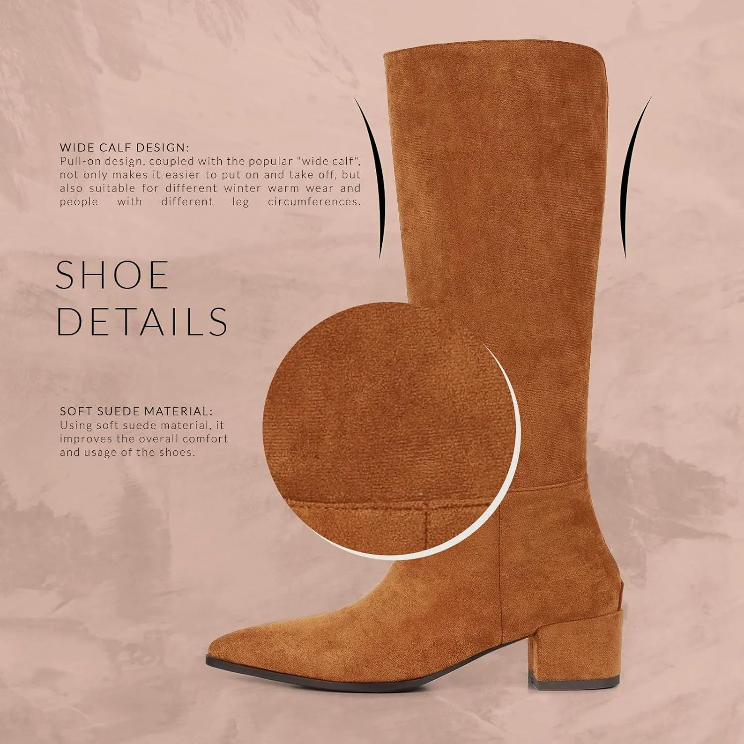 CYNLLIO Knee High Boots Women Pull on Suede Boots Pointed Toe Wide Calf Tall Boots Winter Warm Long Boots Comfy Walking Office Shoes