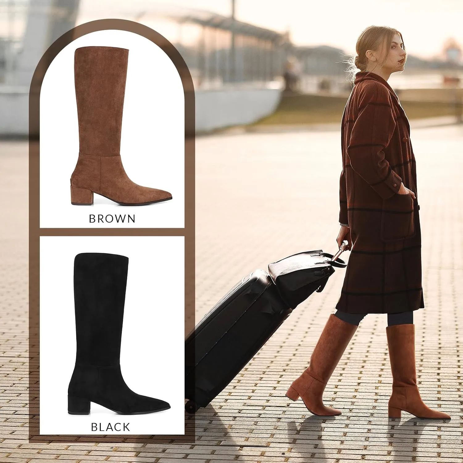 CYNLLIO Knee High Boots Women Pull on Suede Boots Pointed Toe Wide Calf Tall Boots Winter Warm Long Boots Comfy Walking Office Shoes