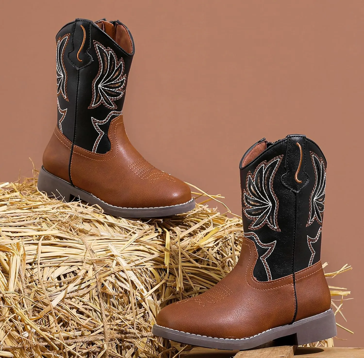 DADAWEN Kids Cowboy Boots for Boys Girls Glitter Embroidered Western Square Toe Cowgirl Boots Mid Calf Riding Shoes (Toddler/Little Kid/Big Kid)