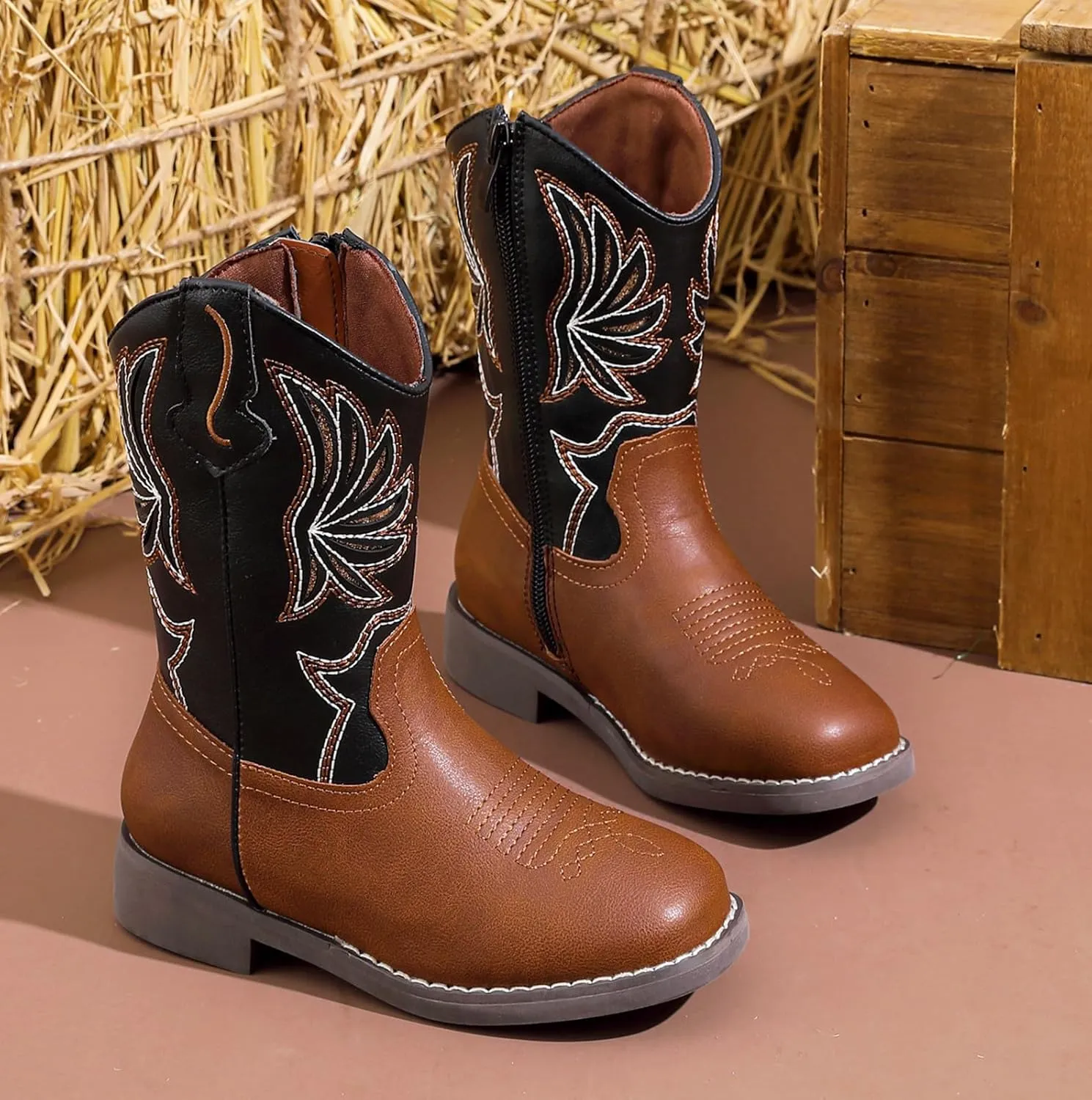 DADAWEN Kids Cowboy Boots for Boys Girls Glitter Embroidered Western Square Toe Cowgirl Boots Mid Calf Riding Shoes (Toddler/Little Kid/Big Kid)