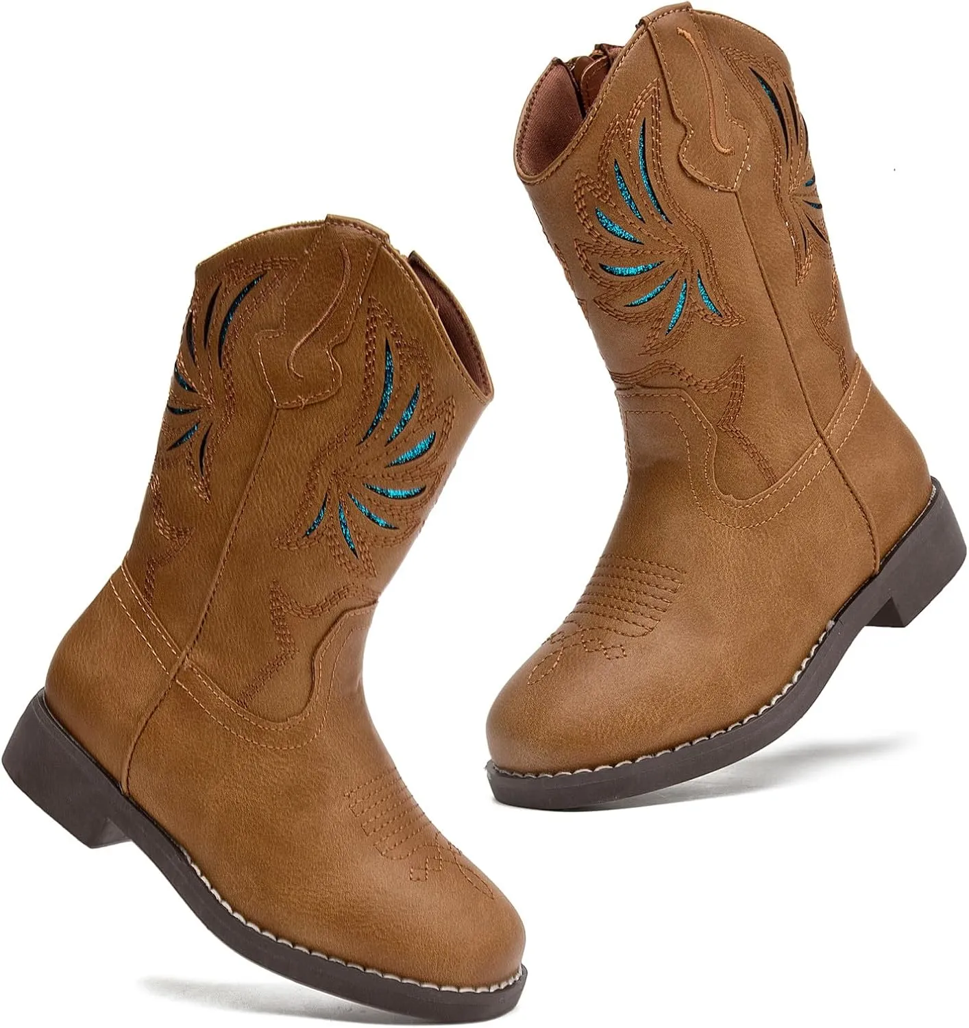 DADAWEN Kids Cowboy Boots for Boys Girls Glitter Embroidered Western Square Toe Cowgirl Boots Mid Calf Riding Shoes (Toddler/Little Kid/Big Kid)