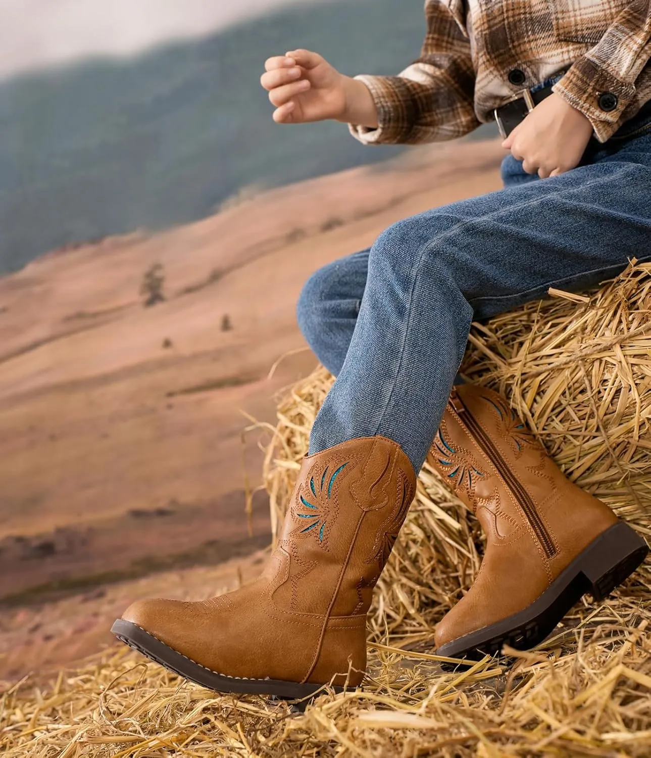 DADAWEN Kids Cowboy Boots for Boys Girls Glitter Embroidered Western Square Toe Cowgirl Boots Mid Calf Riding Shoes (Toddler/Little Kid/Big Kid)