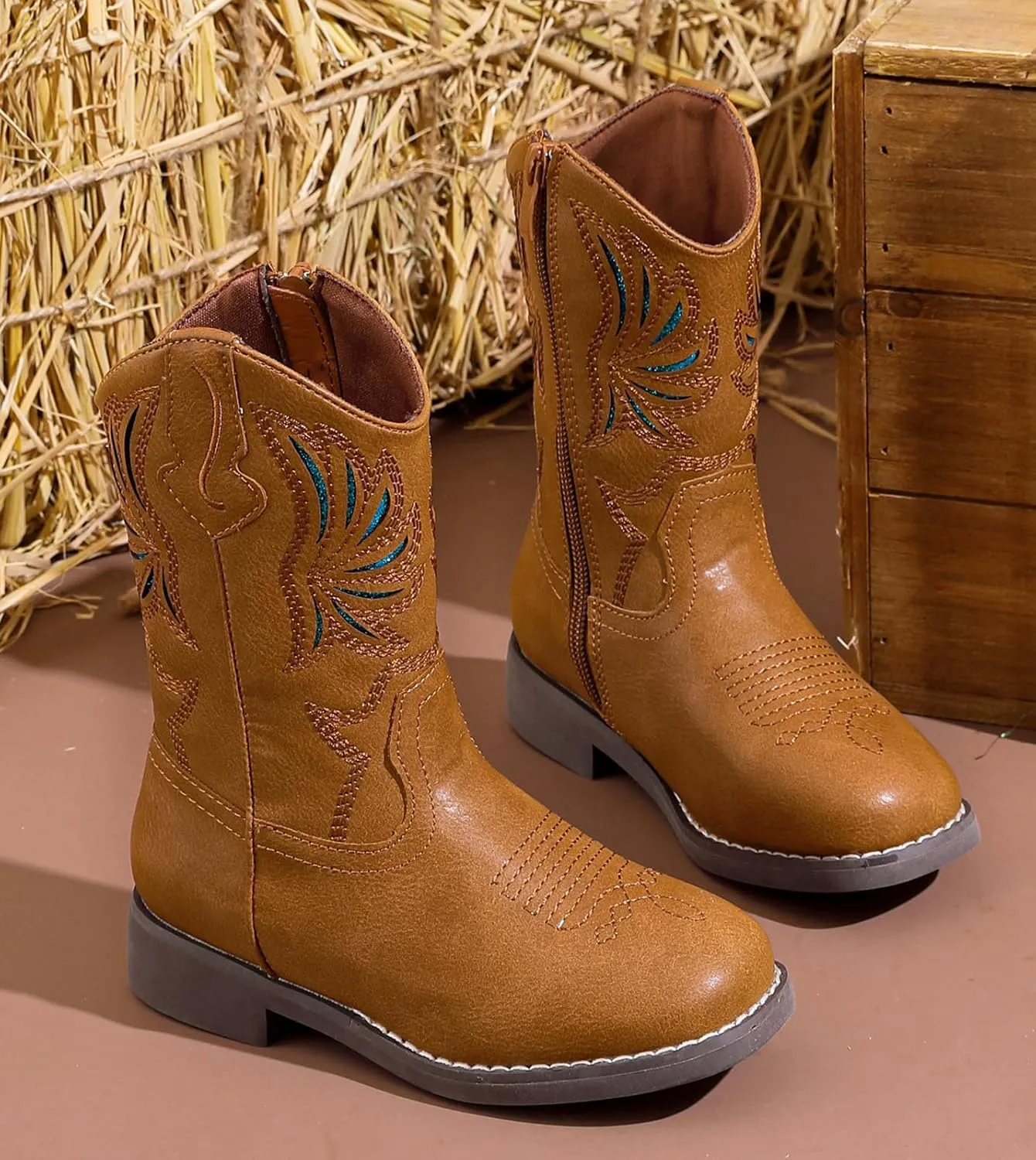 DADAWEN Kids Cowboy Boots for Boys Girls Glitter Embroidered Western Square Toe Cowgirl Boots Mid Calf Riding Shoes (Toddler/Little Kid/Big Kid)