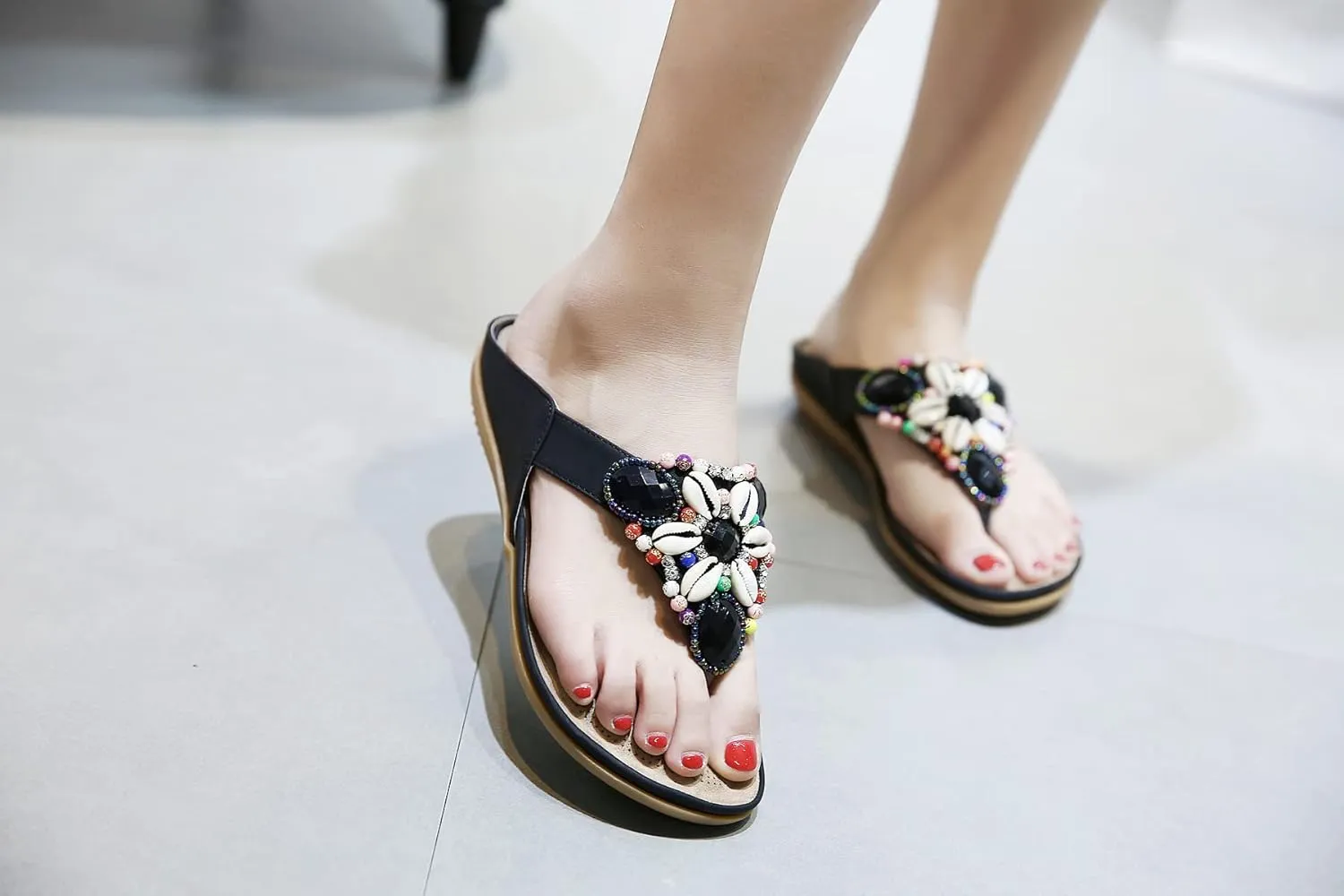 DKCHENH Vintage Ethnic Style Women's Sandals and Slippers Bohemian Beach Slippers Beaded Shell Large Slippers