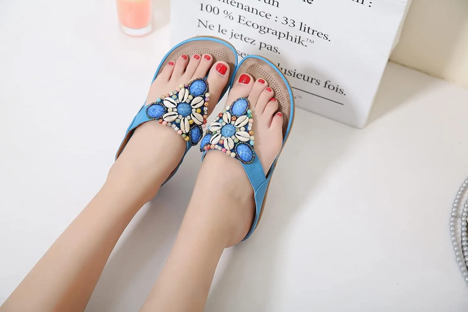 DKCHENH Vintage Ethnic Style Women's Sandals and Slippers Bohemian Beach Slippers Beaded Shell Large Slippers