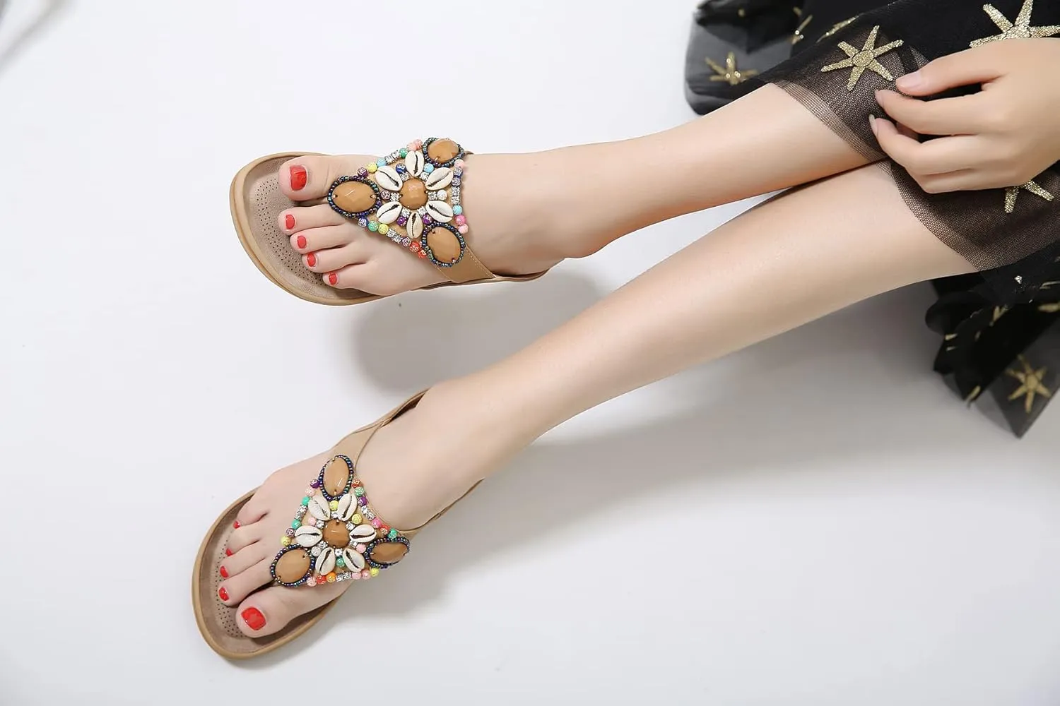 DKCHENH Vintage Ethnic Style Women's Sandals and Slippers Bohemian Beach Slippers Beaded Shell Large Slippers