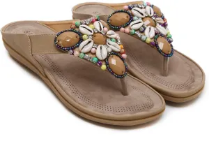 DKCHENH Vintage Ethnic Style Women's Sandals and Slippers Bohemian Beach Slippers Beaded Shell Large Slippers