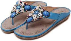 DKCHENH Vintage Ethnic Style Women's Sandals and Slippers Bohemian Beach Slippers Beaded Shell Large Slippers
