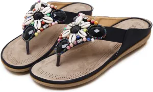 DKCHENH Vintage Ethnic Style Women's Sandals and Slippers Bohemian Beach Slippers Beaded Shell Large Slippers