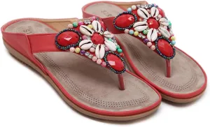 DKCHENH Vintage Ethnic Style Women's Sandals and Slippers Bohemian Beach Slippers Beaded Shell Large Slippers