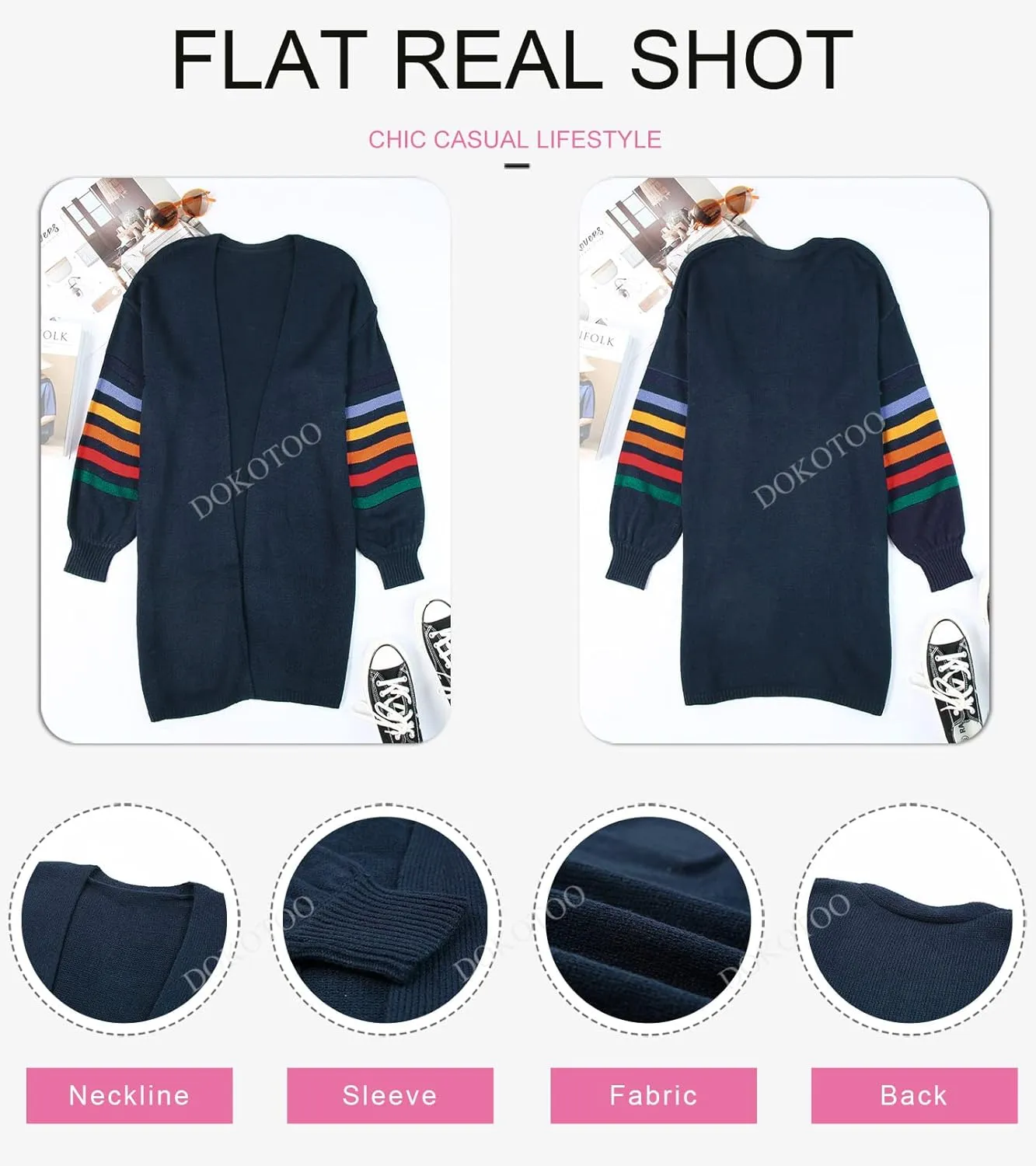 Dokotoo Women's Long Open Front Cardigans Striped Color Block Loose Knit Sweaters Outwear Coat