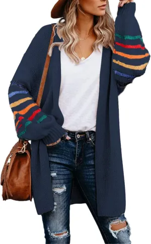 Dokotoo Women's Long Open Front Cardigans Striped Color Block Loose Knit Sweaters Outwear Coat