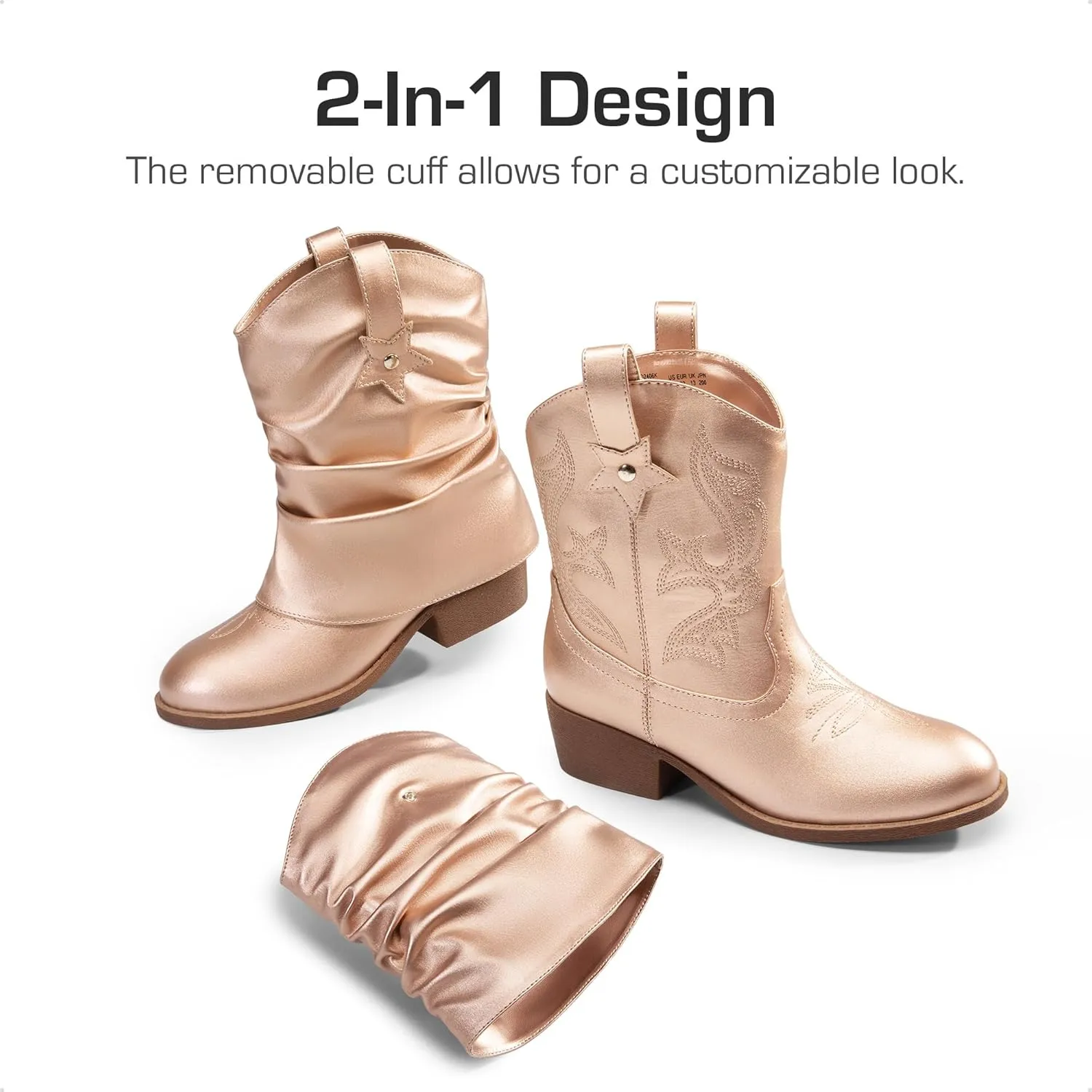 DREAM PAIRS Girls Cowboy Cowgirl Boots 2-in-1 Western Removable Cuff Fold Over Embroidered Fashion Mid Calf Shoes