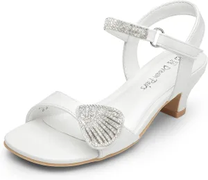 DREAM PAIRS Girls Sandals Ankle Strap Square Toe Low Heel Crystal Shell Wedding Party Flower Dress Shoes for Little Kids/Big Kids