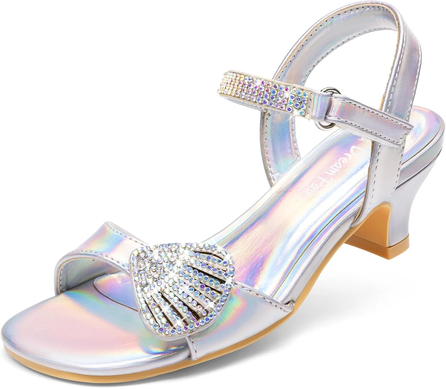 DREAM PAIRS Girls Sandals Ankle Strap Square Toe Low Heel Crystal Shell Wedding Party Flower Dress Shoes for Little Kids/Big Kids