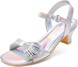 DREAM PAIRS Girls Sandals Ankle Strap Square Toe Low Heel Crystal Shell Wedding Party Flower Dress Shoes for Little Kids/Big Kids