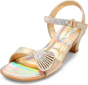 DREAM PAIRS Girls Sandals Ankle Strap Square Toe Low Heel Crystal Shell Wedding Party Flower Dress Shoes for Little Kids/Big Kids
